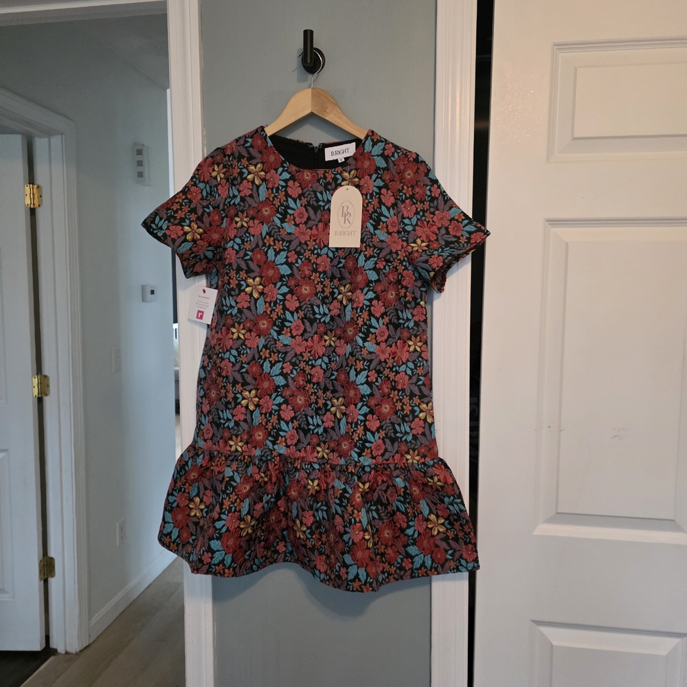 Floral Ruffle-Hem Dress - Black with Red & Teal Flowers